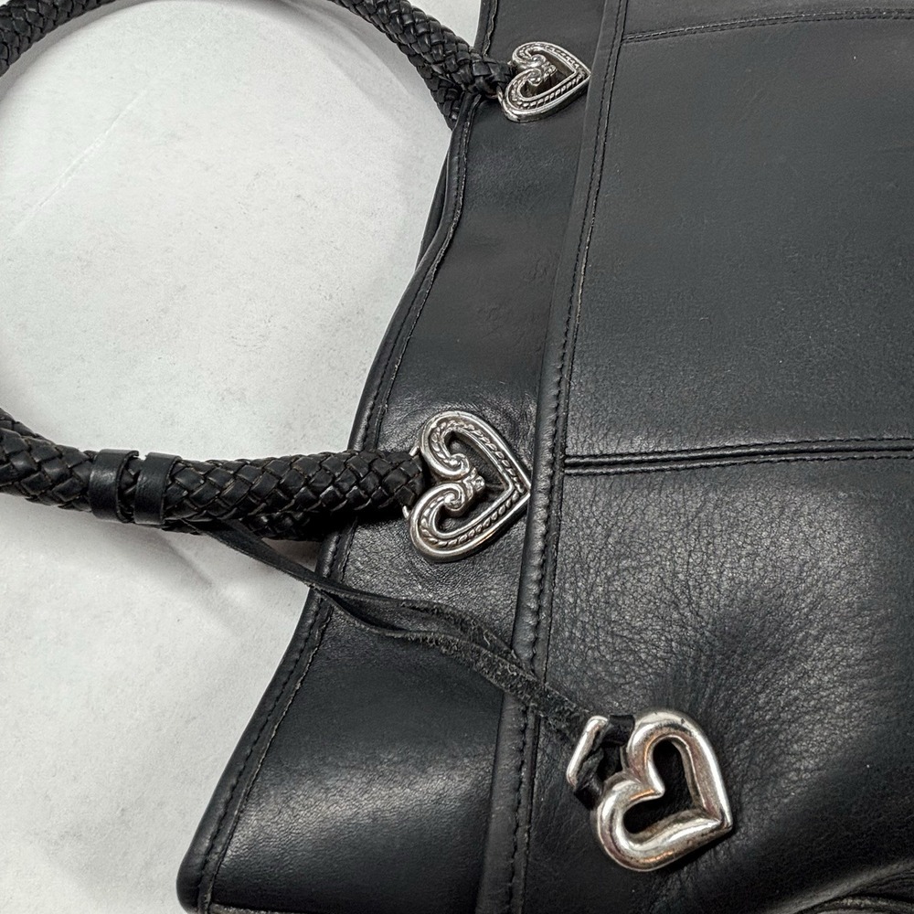VTG Brighton Black Leather Bucket Purse Heart Charm Dust Bag 90s Weave Handle EC - Picture 7 of 10